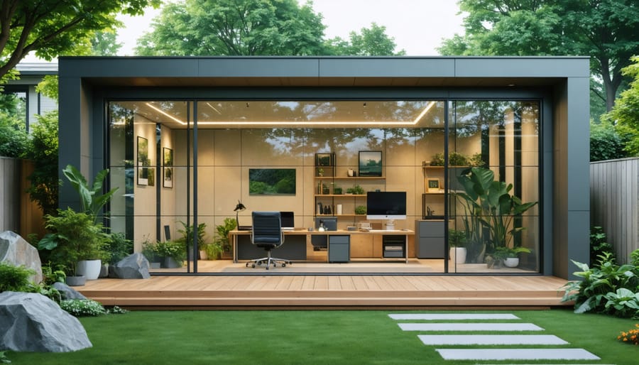 Contemporary shed office in a lush backyard with large glass panels, ergonomic desk, and manicured greenery.
