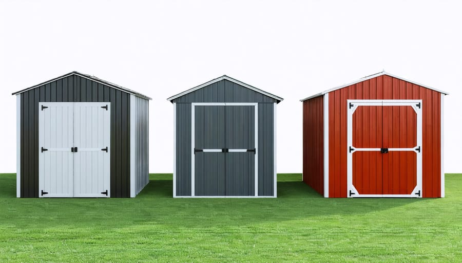 A comparison of three metal sheds made from galvanized steel, aluminum, and powder-coated finishes demonstrating durability and resistance to various weather conditions including sun, rain, and snow.