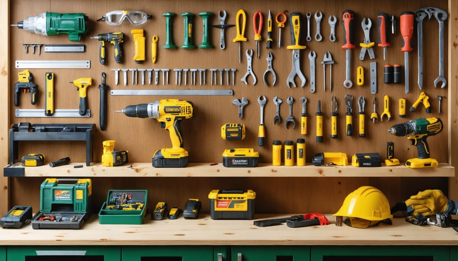 An organized display of tools and materials needed for assembling a DuraMax shed, including a power drill, measuring tape, level, gloves, goggles, and assorted hardware.