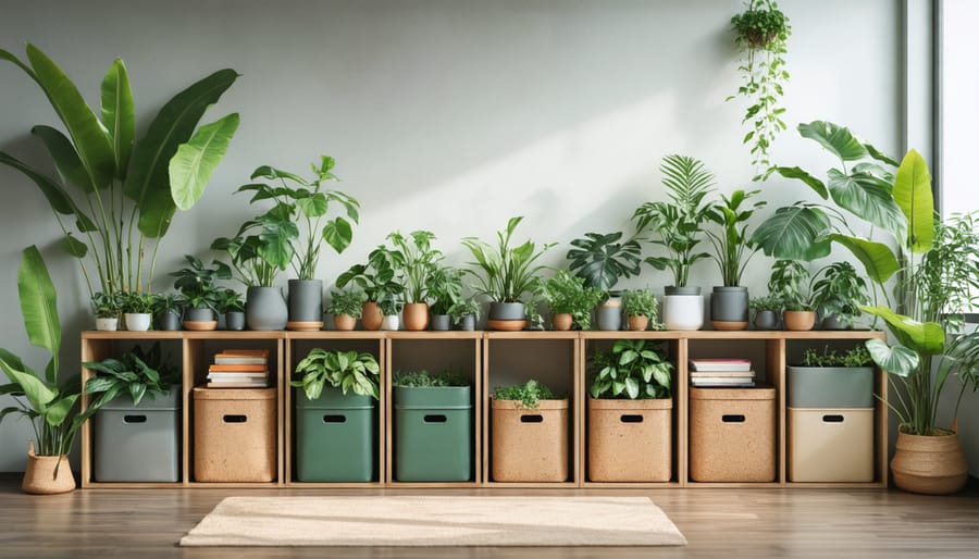 A modern home interior showcasing eco-friendly storage bins made from bamboo, recycled plastic, and cork, organized neatly to emphasize sustainable living.