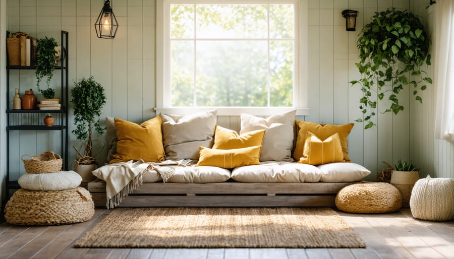 Multiple textured area rugs layered over wooden flooring with a reading chair and side table