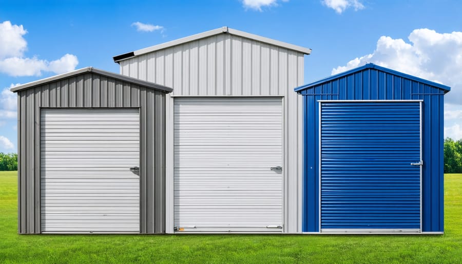Three metal storage sheds demonstrating different metal finishes and their weather resistance capabilities