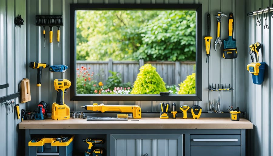 Metal shed interior with newly installed window allowing natural light to illuminate a workbench and organized tools inside, with a garden view outside.