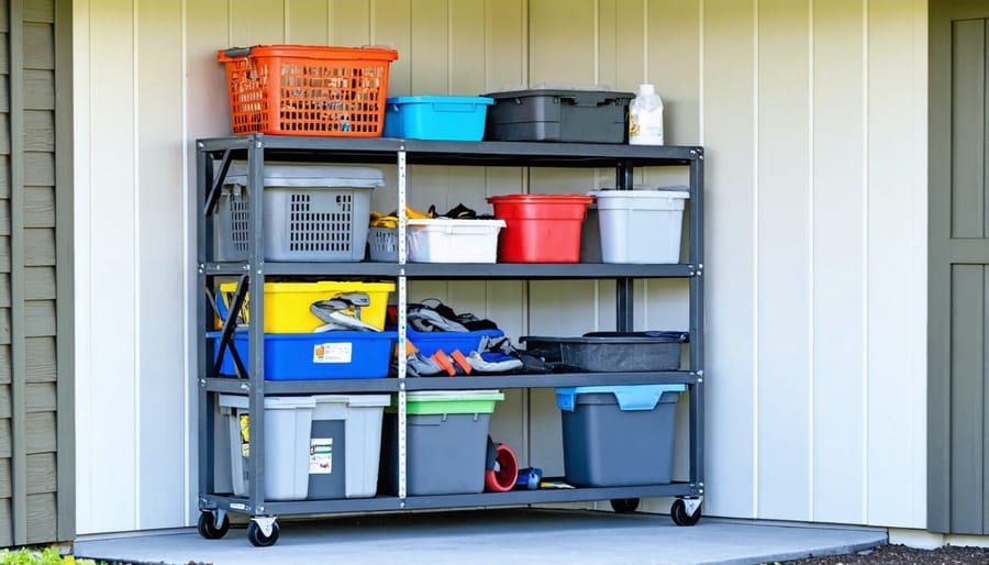Mobile storage cart with multiple shelves holding tools and supplies in shed corner space