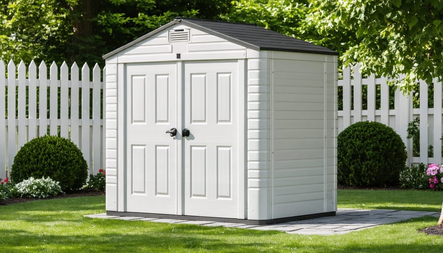 Large beige plastic storage shed with double doors in a residential backyard setting