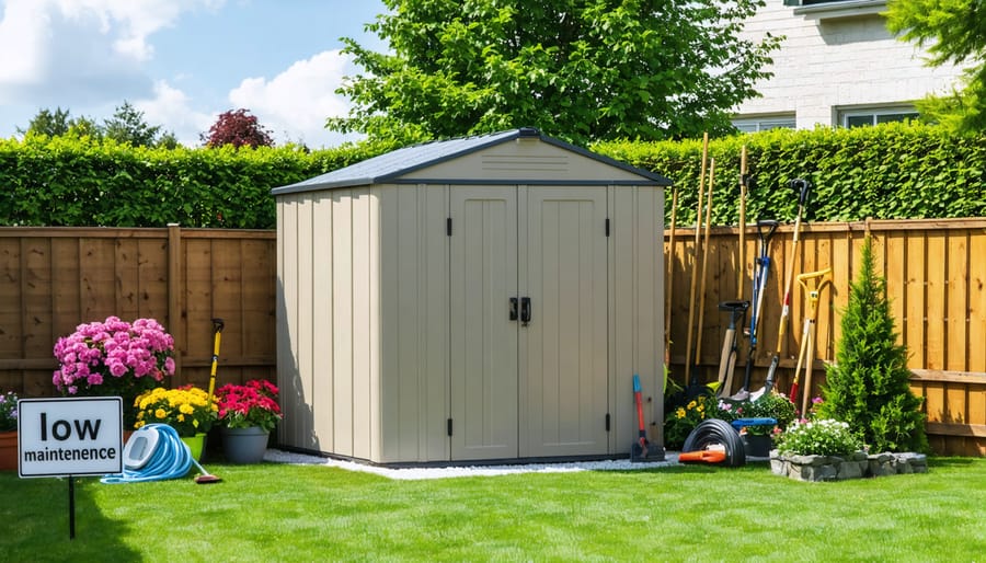 Modern beige plastic storage shed in a picturesque backyard, showcasing its durable and maintenance-free qualities amidst a garden setting.