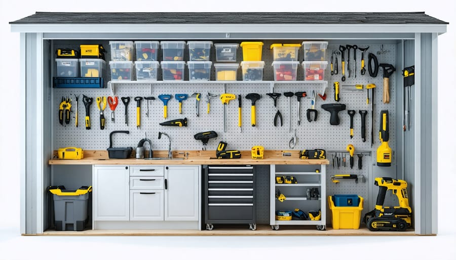 Interior view of an 8x10 shed featuring an organized storage system with pegboards, adjustable shelves, and overhead pulley storage. Various gardening tools and equipment are neatly displayed.