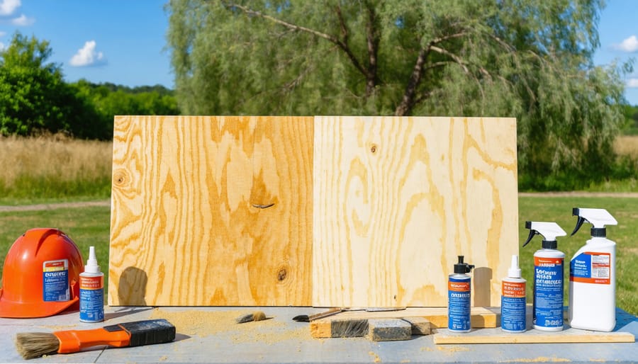A comparison of treated and untreated plywood in an outdoor setting, showcasing waterproofing methods alongside tools and materials used for sealing wooden surfaces.