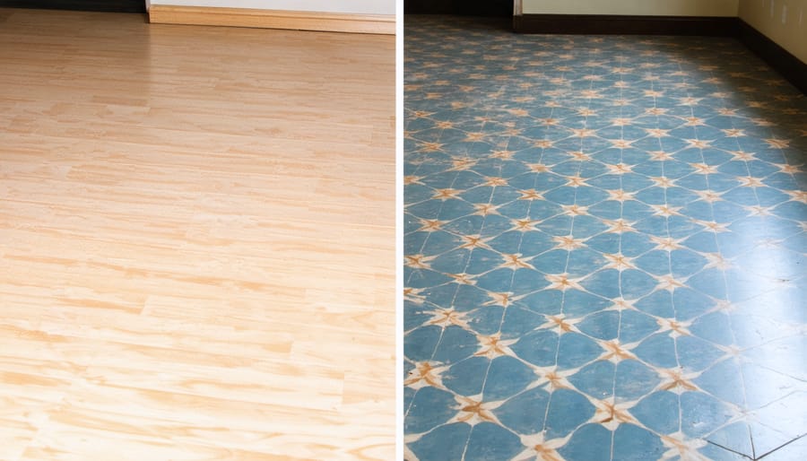 Side-by-side comparison showing plain plywood transformed into decorative flooring with painted geometric pattern