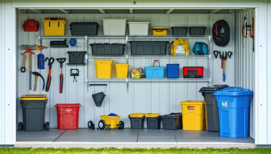 Well-organized plastic shed interior showing shelving, tool storage, and efficient space utilization