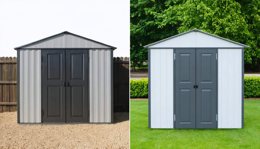 Comparison between a weather-resistant plastic shed and weathered wooden shed during rainfall