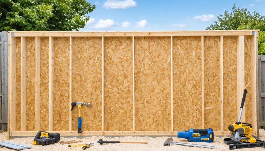 A partially constructed shed wall featuring tightly spaced studs and high-quality lumber, surrounded by essential framing tools, set in an outdoor environment.