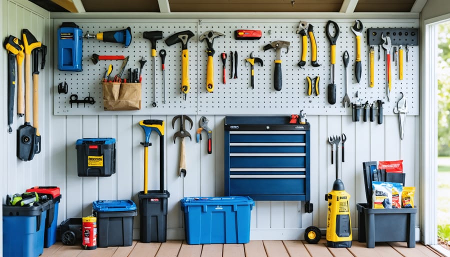 Neatly organized tool shed with wall-mounted storage, dehumidifier, and moisture control measures in place to prevent rust.