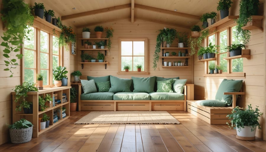 Bright, welcoming she shed interior with warm-toned engineered hardwood floors and comfortable furniture
