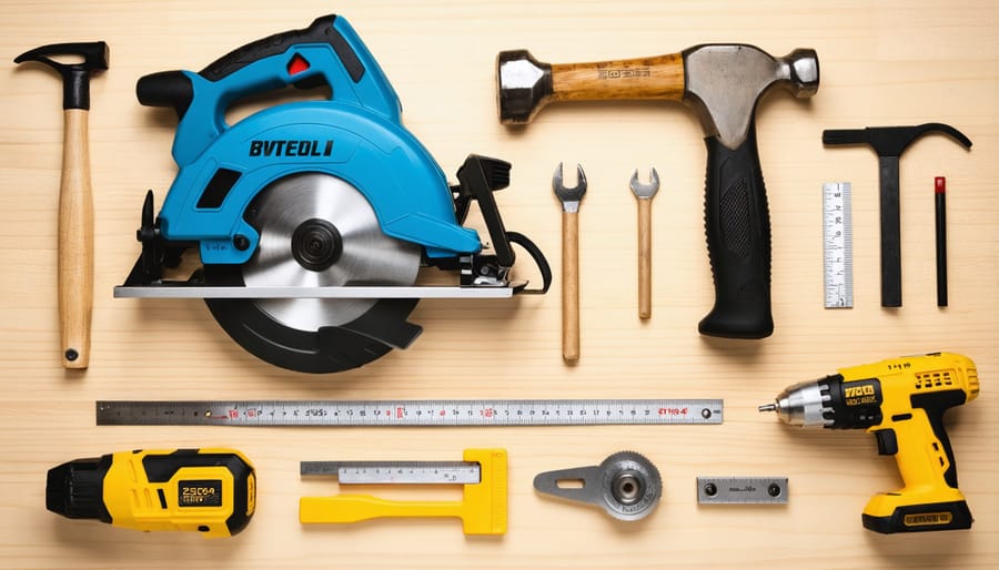 Essential tools needed for shed wall framing laid out on a workbench