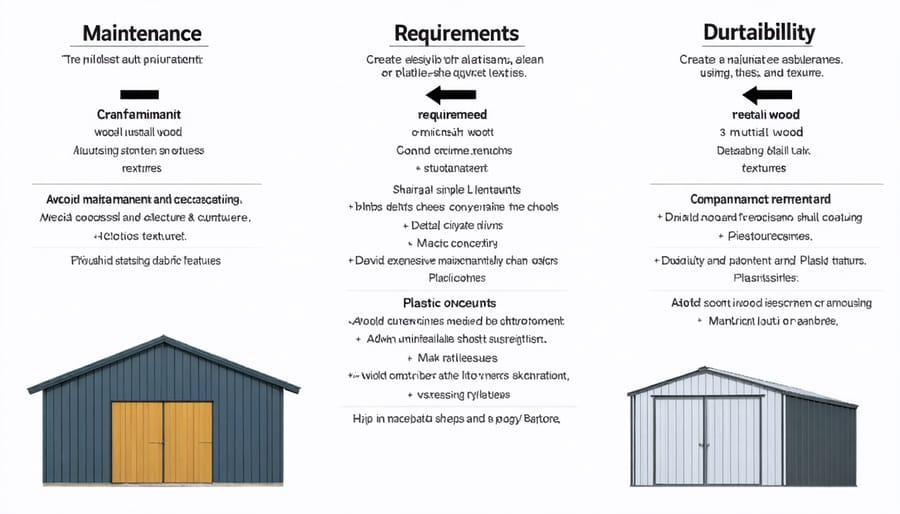 Comparative infographic showing maintenance needs and durability aspects of different shed materials