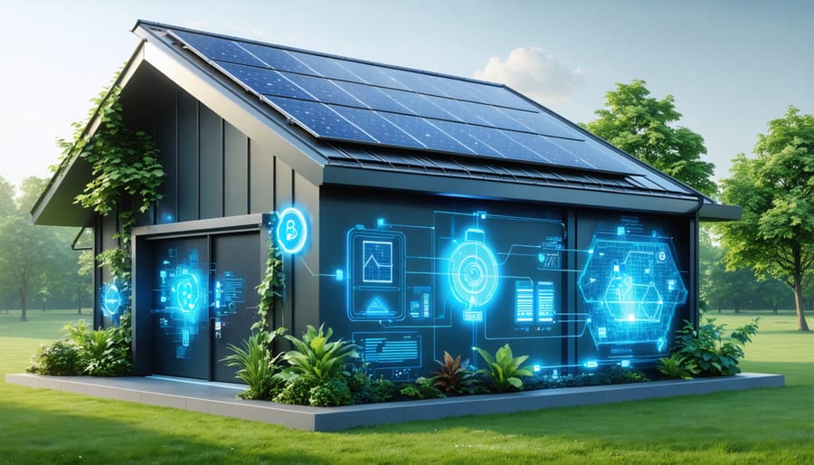 Illustration of a futuristic storage shed featuring solar panels and smart grid technology, set in a green landscape, with digital energy diagrams denoting integration with home power systems.