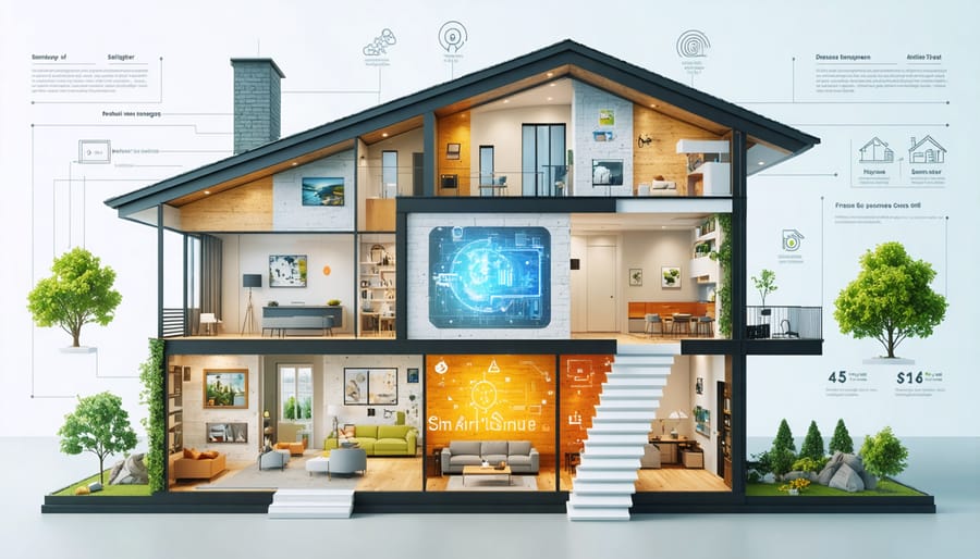 Conceptual illustration of a smart home with walls layered by innovative insulation materials and smart sensors, highlighting energy savings and temperature control.