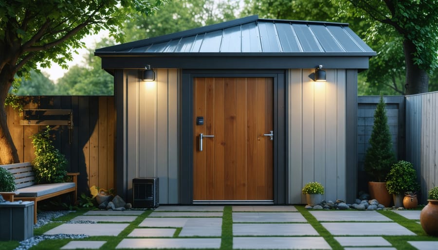 Conceptual illustration of a shed secured with advanced smart technologies, including motion-activated lights, a wireless security camera with live smartphone feed, and high-security locks on a wooden door, set in a backyard environment with strategic landscaping.