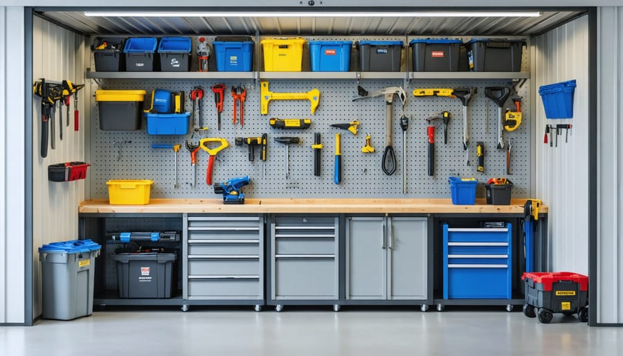 An organized shed interior featuring wall-mounted pegboards, track systems, and overhead storage racks, with neatly arranged tools and modular storage bins beneath a fold-down workbench.