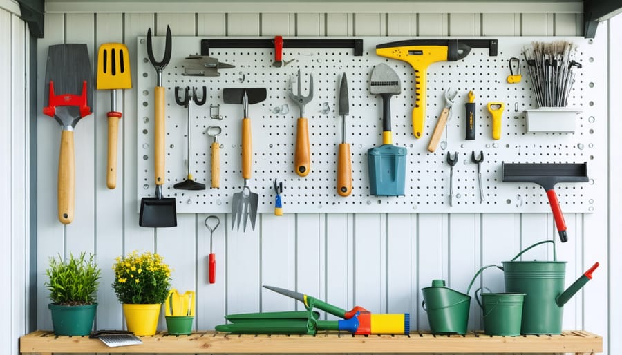 Well-organized shed wall with pegboard storage system displaying various garden tools and equipment