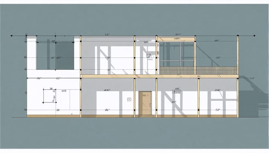 Wall framing layout diagram with labeled measurements and components