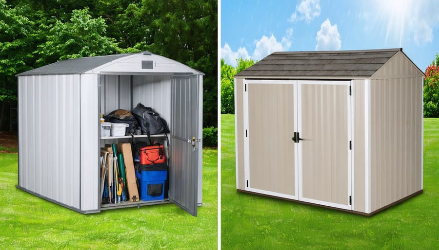 Split-view image contrasting weather-damaged outdoor items with pristine ones protected by weatherproof storage solutions.