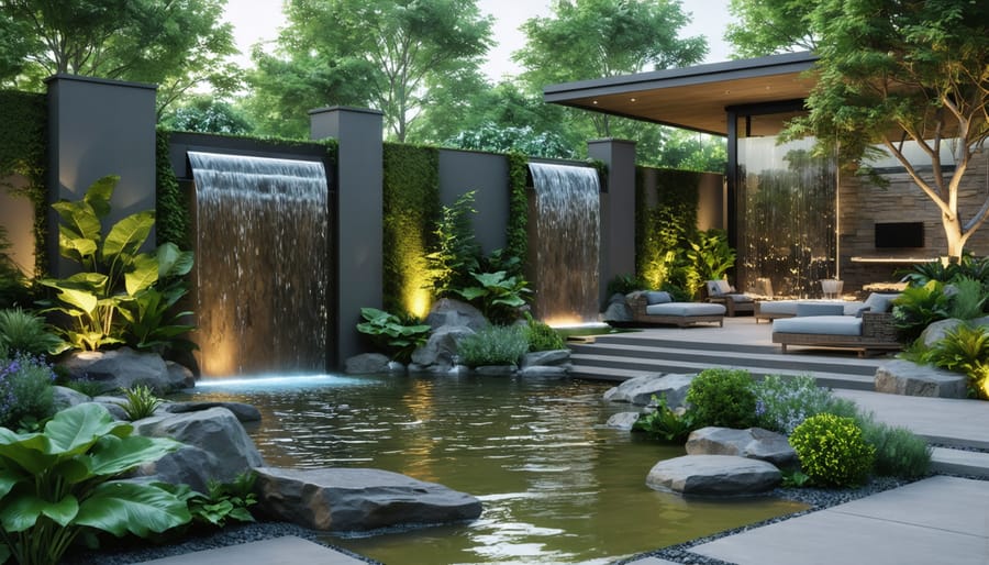 A beautifully landscaped backyard with a modern wall fountain, a tranquil pond, and cascading waterfalls surrounded by vibrant greenery and ambient lighting.