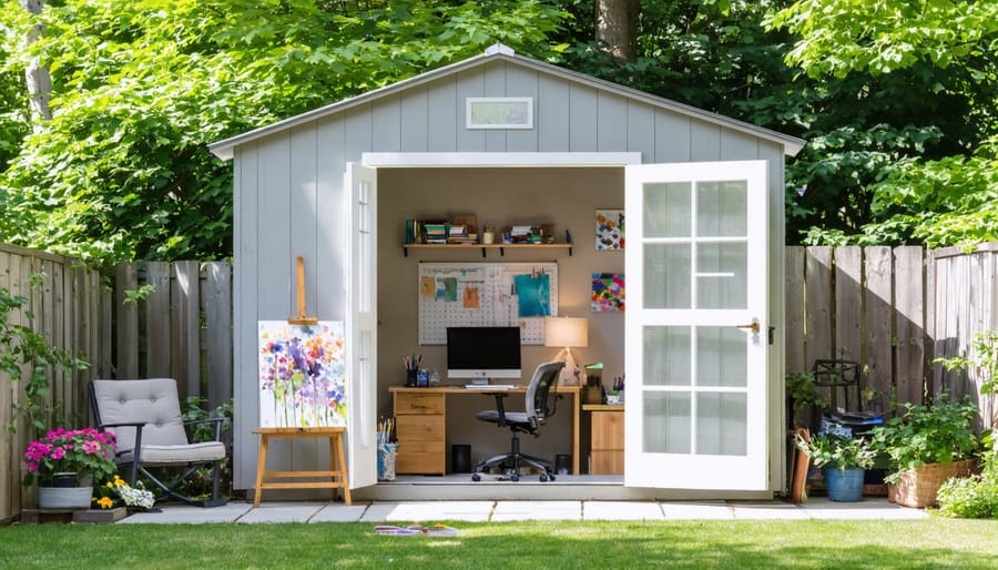 Converted backyard shed featuring a dual-purpose design as a cozy home office and art studio, surrounded by garden elements and patio seating.