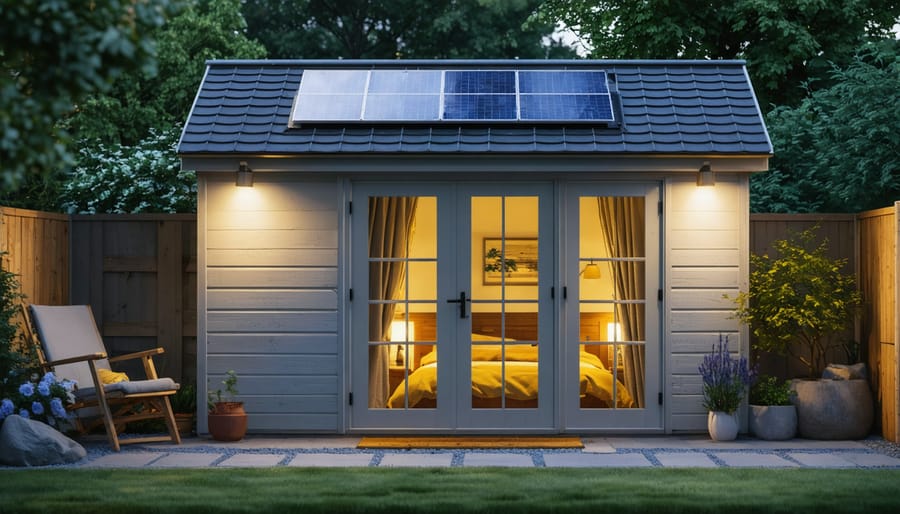 "A cozy garden shed brightly illuminated by solar-powered lights at dusk, with visible solar panels mounted on the roof and strategic outdoor lighting highlighting the pathway."