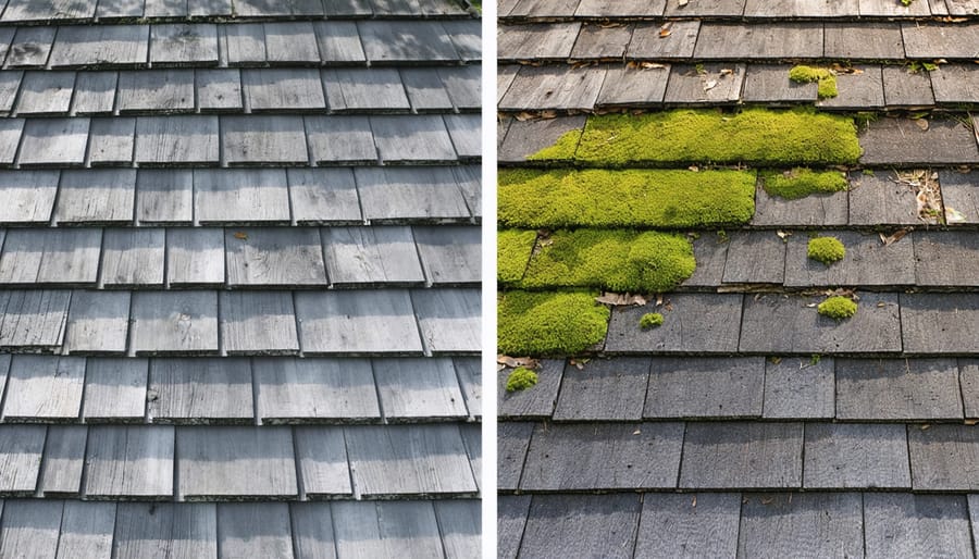Side-by-side comparison of a healthy cedar shed roof with clean shingles and a deteriorated roof with moss, curling, and discoloration.