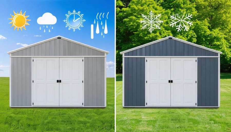 Side-by-side visual comparison showing a climate-controlled storage shed with temperature and humidity control versus a non-climate-controlled shed subjected to seasonal weather changes.