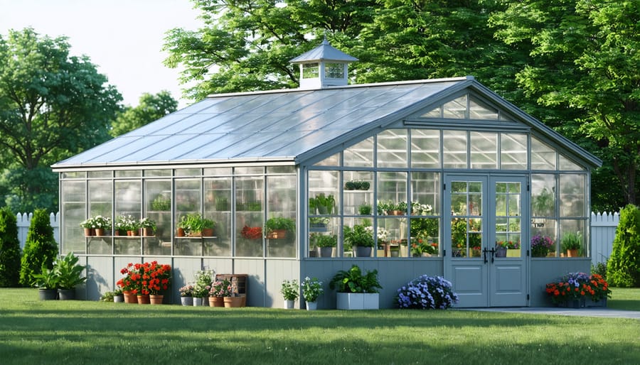 Multi-purpose wooden garden building combining storage shed with greenhouse