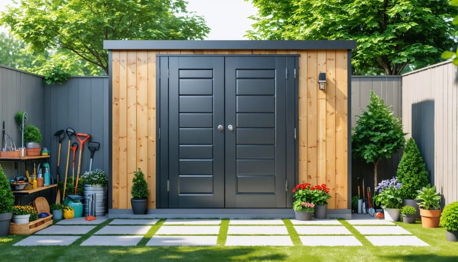 A contemporary composite storage shed with a wood-like appearance, set in a landscaped backyard, illustrating its durability and stylish design.