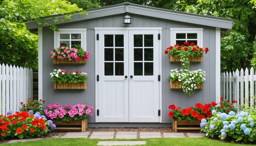 Decorative cottage garden shed with architectural details and flowering window boxes