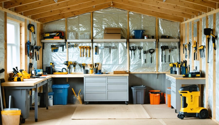 Cozy shed interior featuring neatly installed foam board insulation on walls and ceiling, creating an energy-efficient workspace.