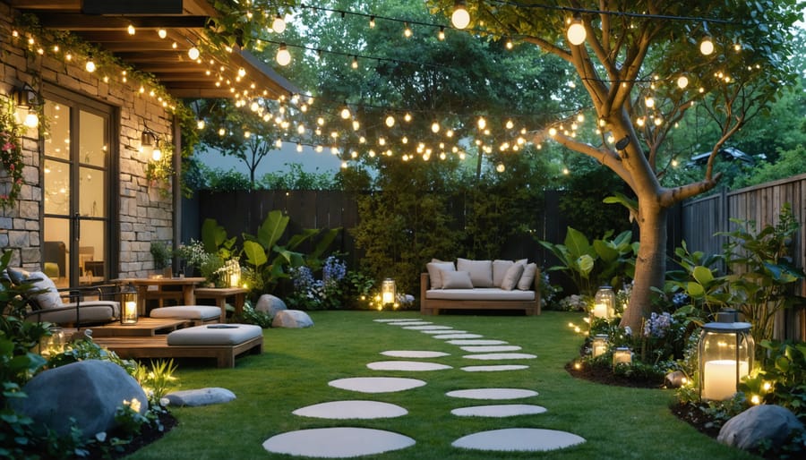 A backyard at night transformed with creative lighting, including string lights in trees, illuminated stepping stones, and solar mason jar lamps, creating a warm and inviting atmosphere.