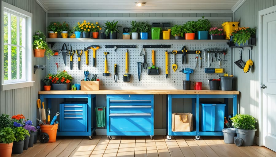 Interior of an organized and transformed shed with pegboard wall, fold-down workbench, adjustable shelves, ceiling racks, and essential tools neatly displayed in bright lighting.