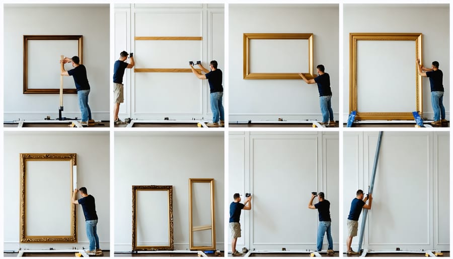 Sequential photos demonstrating shed door frame assembly and installation steps