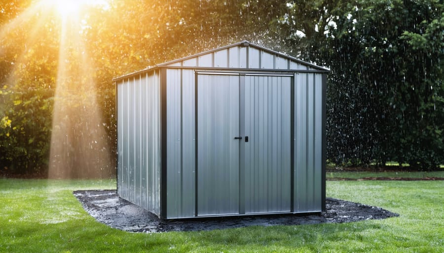 A conceptual image of a modern metal shed enduring diverse weather conditions with sunlight on one side and a rainstorm on the other, symbolizing its durability and longevity in outdoor environments.
