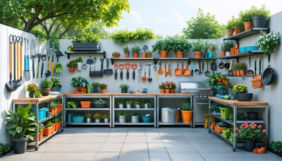 A well-organized outdoor storage area with weatherproof shelving made of metal and resistant materials, holding garden tools and plants while standing in a picturesque patio.