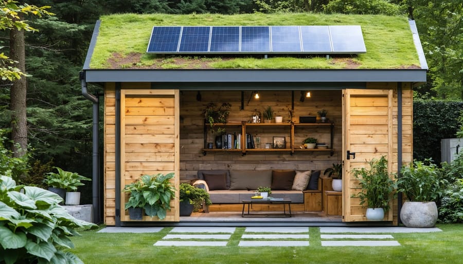 Eco-friendly storage shed constructed with reclaimed wood and recycled metal, featuring a green roof and solar panels, set in a verdant garden setting.