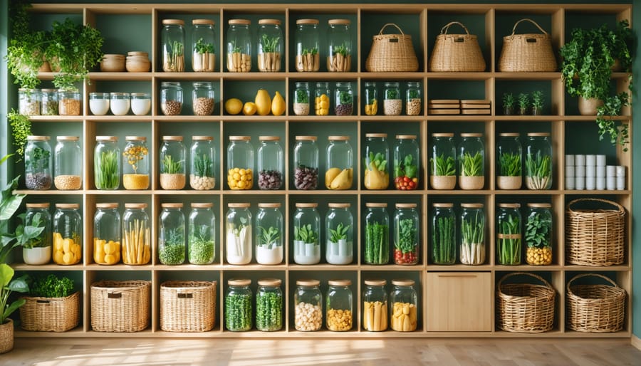 A well-organized kitchen pantry showcasing eco-friendly storage solutions: bamboo and wooden containers, glass jars with bamboo lids, and woven baskets, emphasizing sustainable living and home organization.