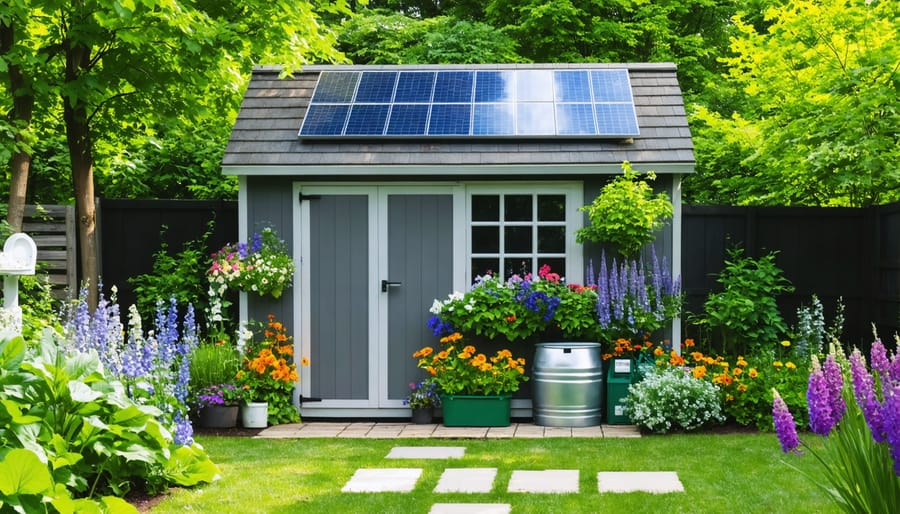 A garden shed featuring eco-friendly maintenance practices, surrounded by lush greenery, with solar panels and a rain barrel for sustainability.