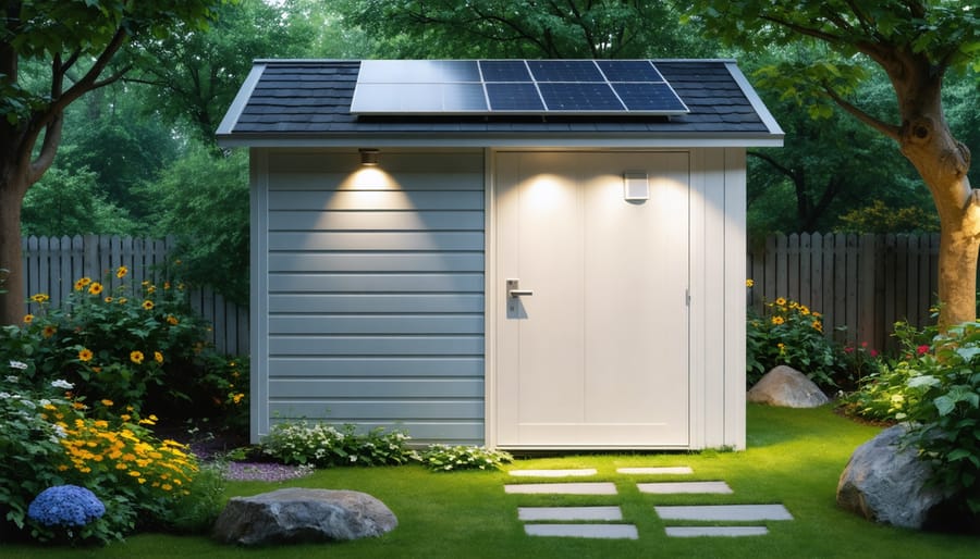 Shed split in half to contrast traditional and smart LED lighting alongside solar panels and a motion sensor, set in a green environment.
