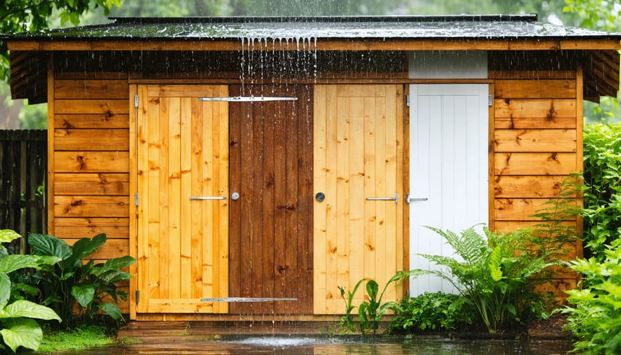 A rustic wooden shed amidst a garden is shown under a gentle rain, with close-up comparisons of wood panels treated with various natural oils, illustrating effective eco-friendly waterproofing methods.