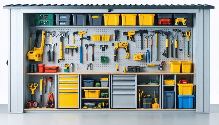 Interior of a well-organized shed showcasing clearly labeled active, passive, and seasonal storage zones with neatly arranged tools and storage solutions.