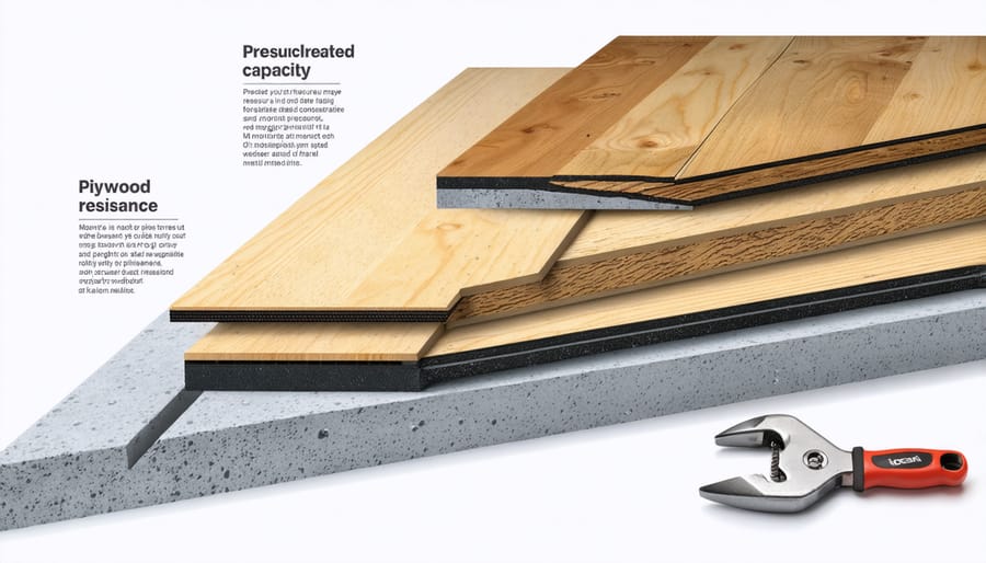 Evolution of shed flooring materials illustrated with cross-sections of concrete, pressure-treated wood, plywood, and composite, highlighting attributes like durability and moisture resistance.