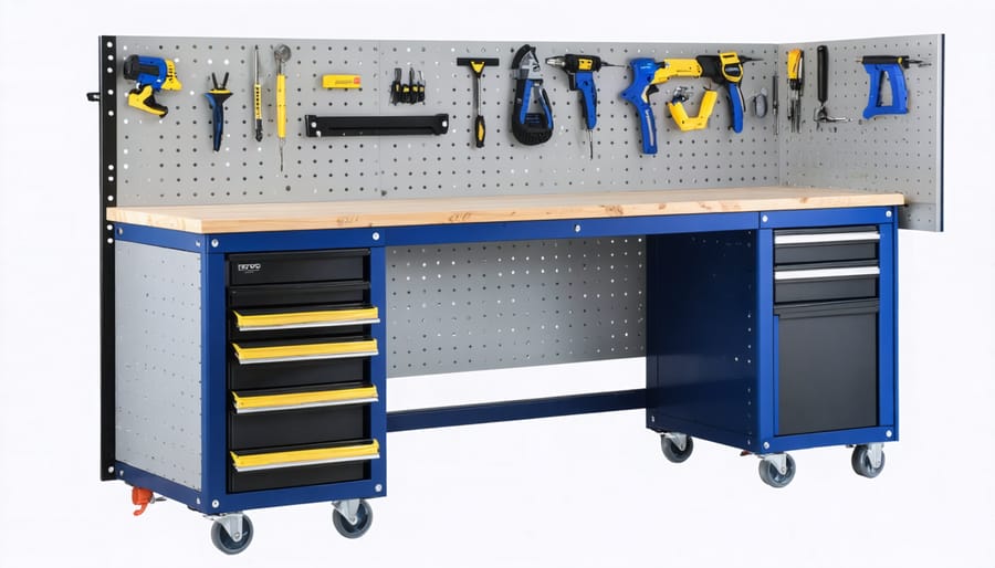 DIY fold-down workbench mounted to shed wall, shown in deployed position with tools organized above