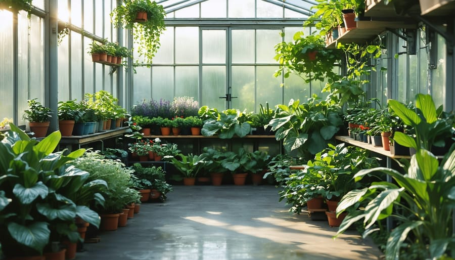 A thriving four-season greenhouse filled with vibrant plants, showcasing the integration of insulation and ventilation features, with sunlight filtering through polycarbonate panels.